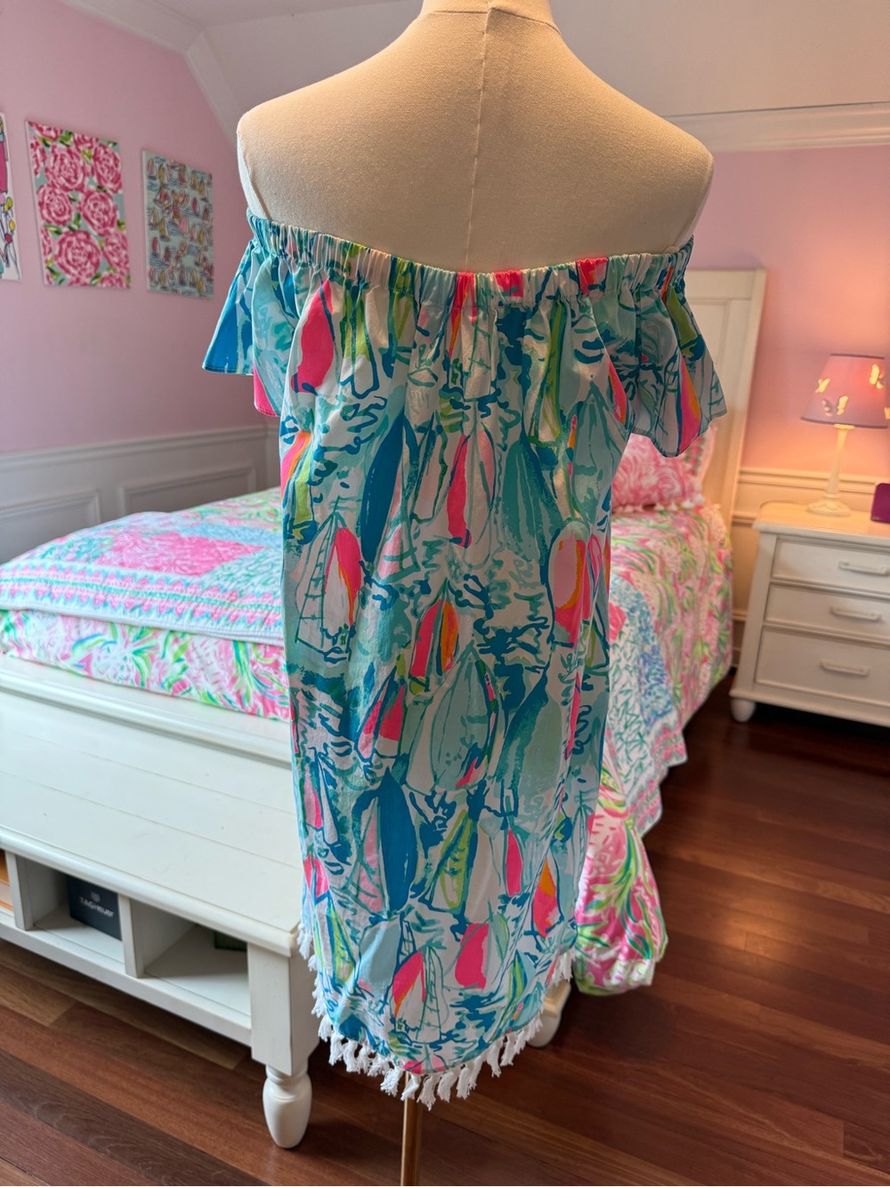 Lilly Pulitzer Off-Shoulder Mini Dress — Teal, Pink, Orange - Picture 7 of 8